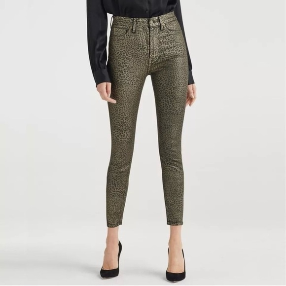 7 For All Mankind High Waist Ankle Skinny Coated Metallic Leopard Print Jeans 24 - Picture 1 of 11
